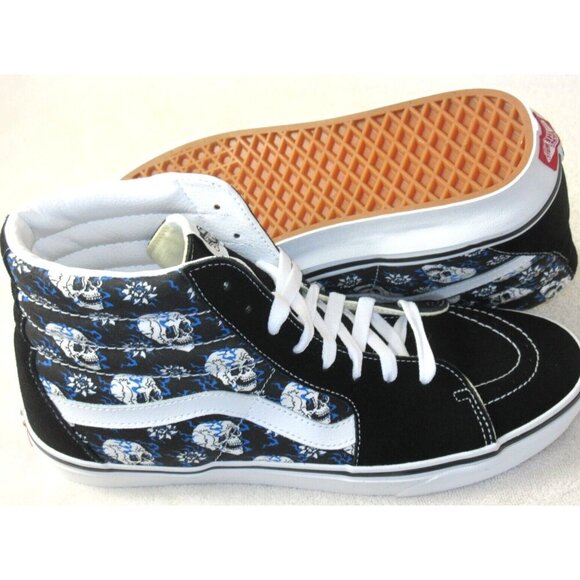 Vans Men's Sk8-Hi Flash Skulls Black Blue White Canvas Suede shoes Sizes NIB - Picture 2 of 5